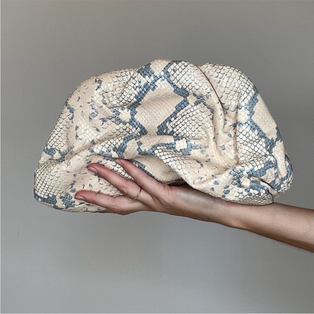 Bottega Veneta Cream and Gray Snakeskin Clutch.
